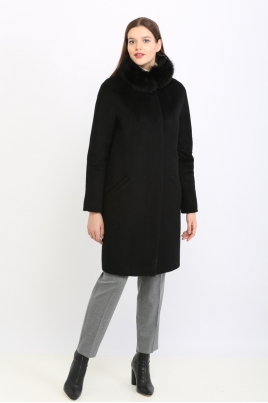 Длинное женское пальто из текстиля с воротником, отделка песец