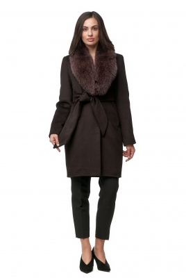Длинное женское пальто из текстиля с воротником, отделка песец