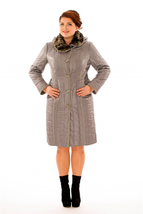 Женское пальто из текстиля с капюшоном, отделка искусственный мех 8015962