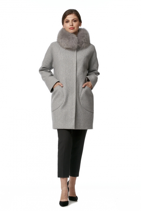 Женское пальто из текстиля с воротником, отделка песец 8017718