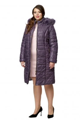 Длинное женское пальто из текстиля с капюшоном, отделка песец