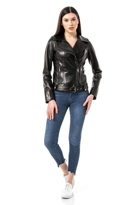 Женская кожаная куртка из натуральной кожи с воротником 8021400