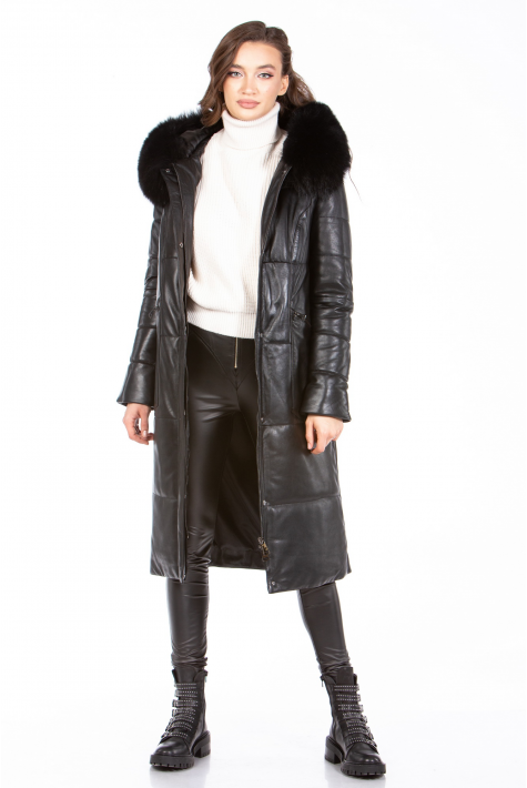 Женское кожаное пальто из натуральной кожи с капюшоном, отделка песец 8023135